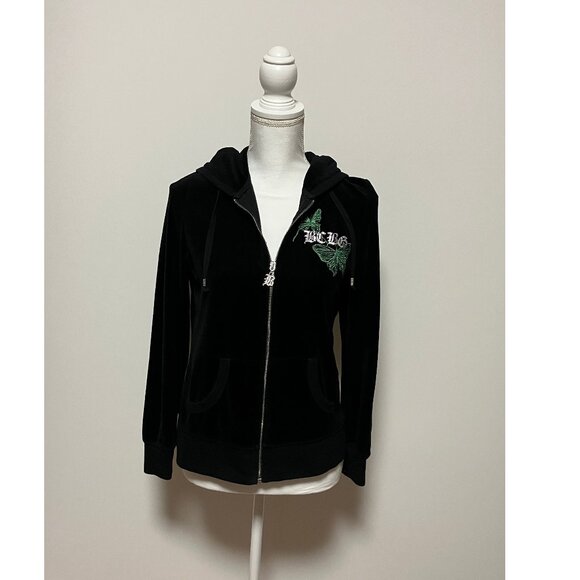 BCBG Maxazria Black Velour Hoodie With Green Butterflies, Size Large, Full Zip - Picture 2 of 13